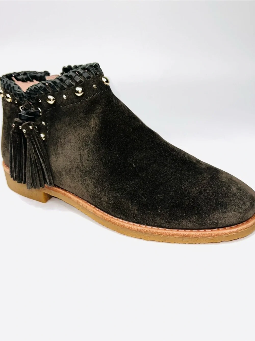 Kate Spade Bowie Tassel Olive Green Suede Side Zip Studded Ankle Booties Women 7